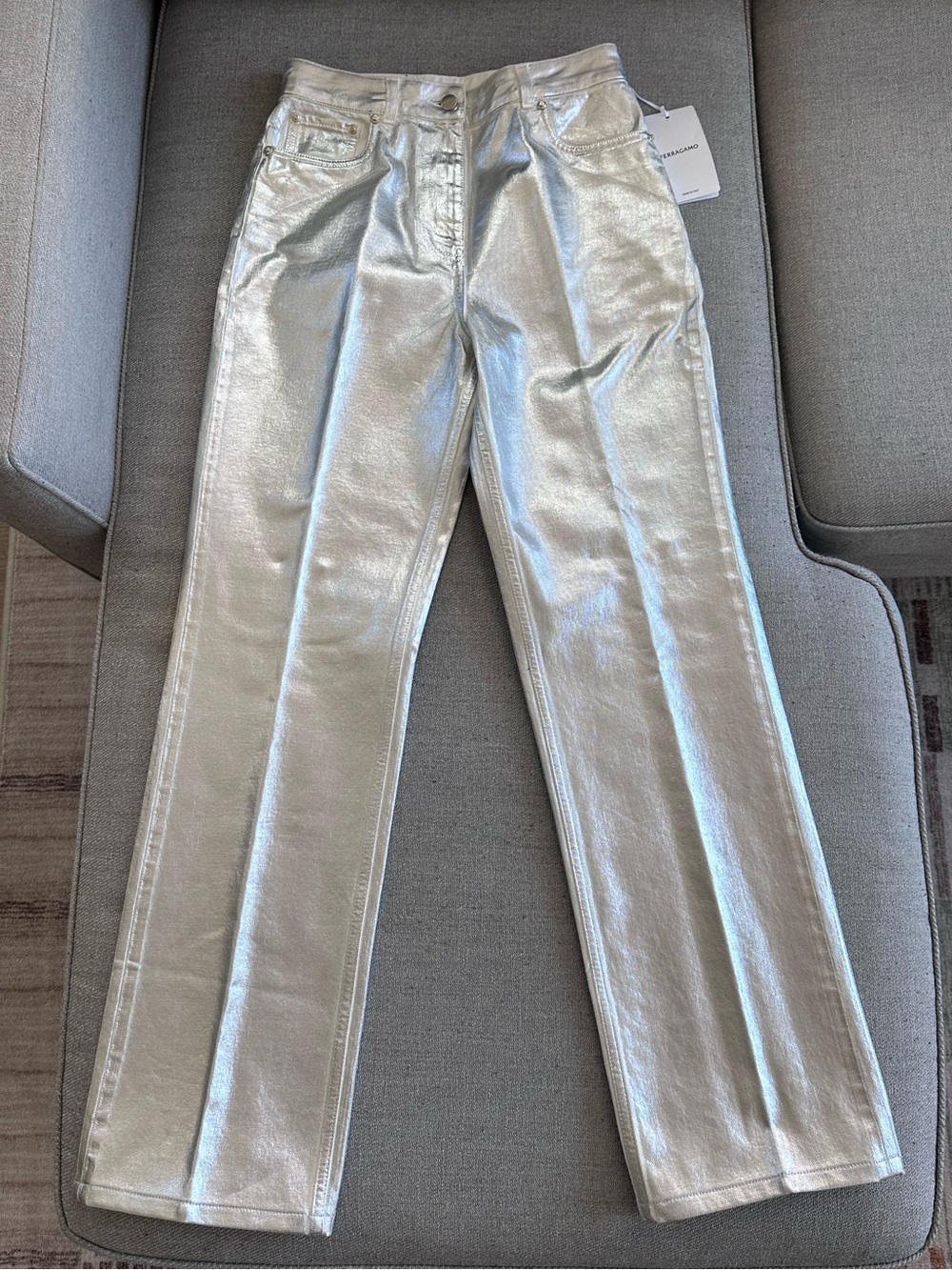 Salvatore Ferragamo Metallic Silver Straight-Leg Jeans Size 42